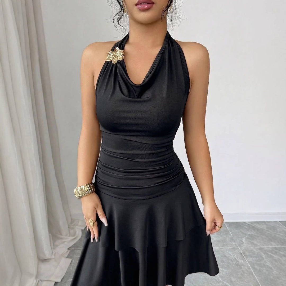Ladies' halter mid dress with waterfall neckline, fitted gathering and tiered flounce skirt Mune Fashion