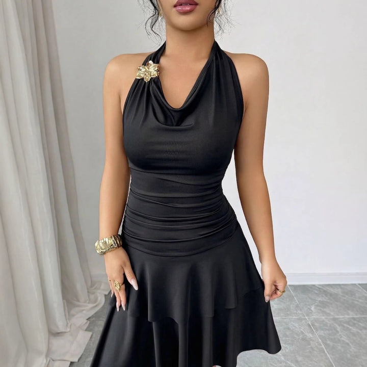 Ladies' halter mid dress with waterfall neckline, fitted gathering and tiered flounce skirt Mune Fashion