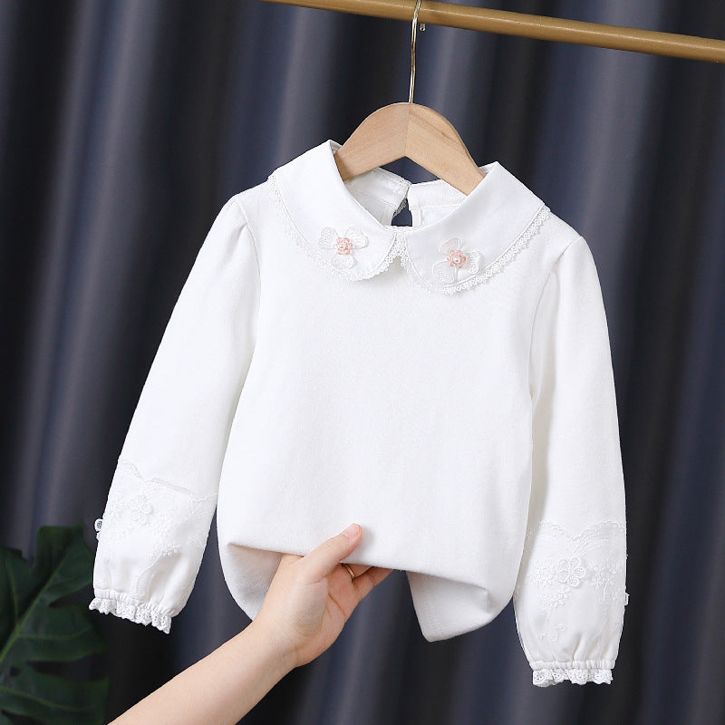 Girls' fashionable long-sleeve blouse with romantic collar and fine floral embroidery Mune Fashion