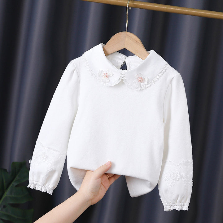 Girls' fashionable long-sleeve blouse with romantic collar and fine floral embroidery Mune Fashion