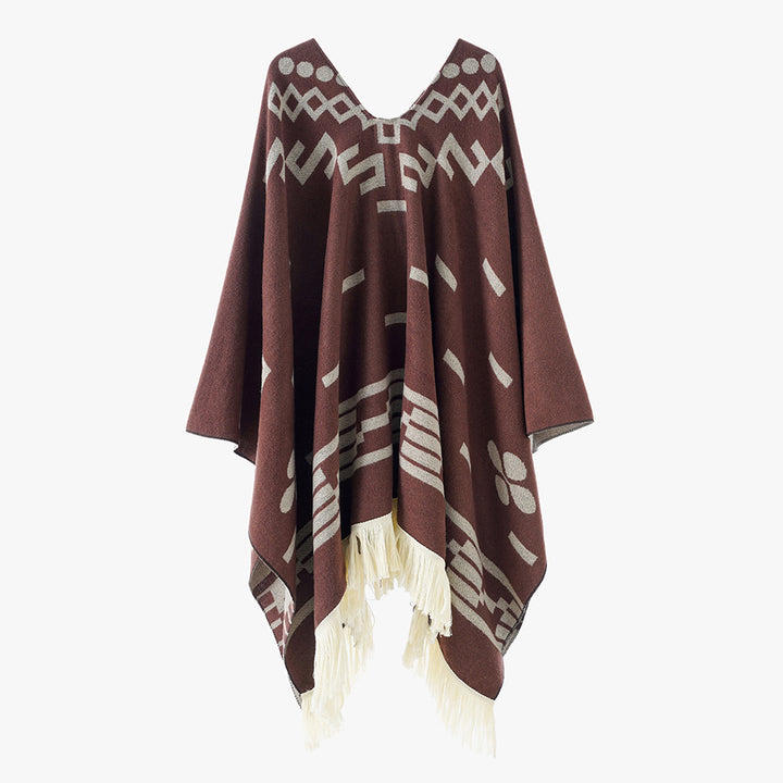 Women's Oversize Poncho in Boho Style with V-neck, Jacquard Pattern and Long Fringes Mune Fashion