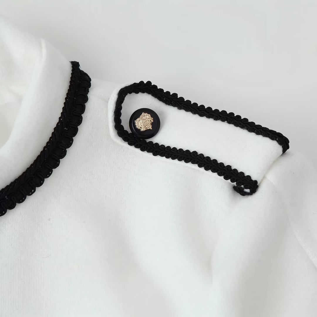 Women Short Blazer with Stand-up Collar, Decorative Knot and Epaulettes Mune Fashion