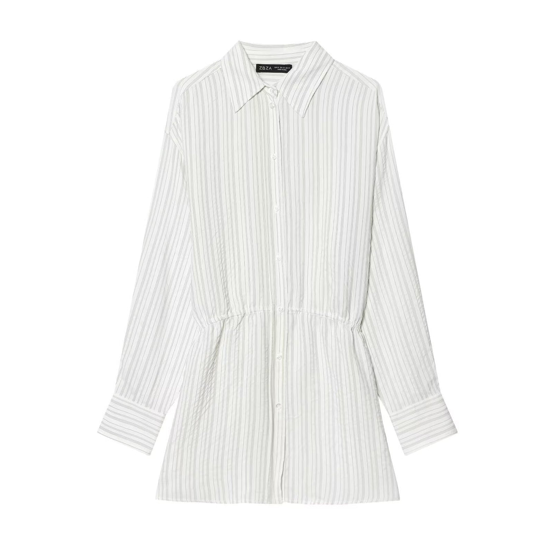 Women Striped Shirt Blouse Tunic with Drawstring Waist and Full Button Placket Mune Fashion