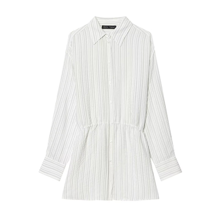 Women Striped Shirt Blouse Tunic with Drawstring Waist and Full Button Placket Mune Fashion