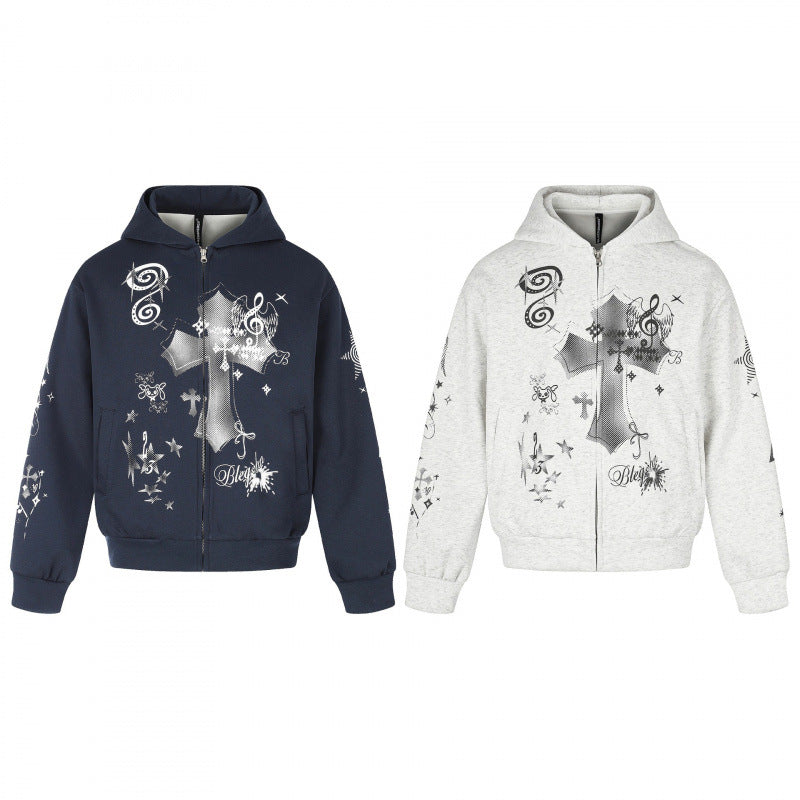 Unisex Oversized Hooded Zip Jacket with Allover Graphic Print, Zipper and Ribbed Hem Mune Fashion