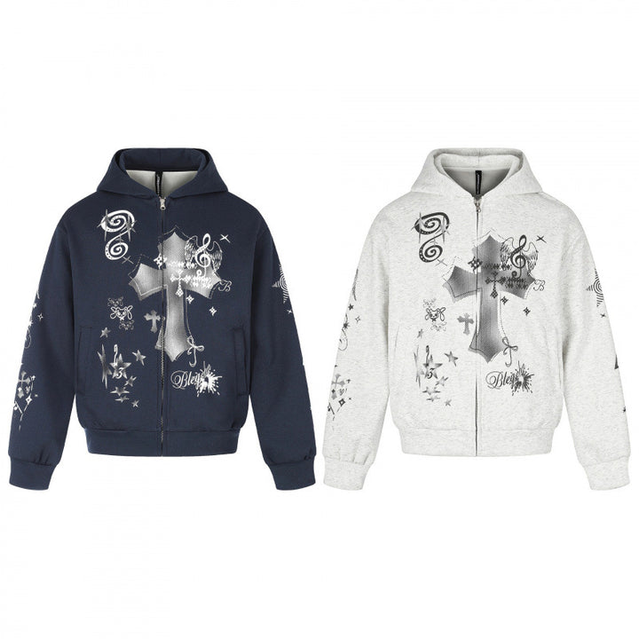 Unisex Oversized Hooded Zip Jacket with Allover Graphic Print, Zipper and Ribbed Hem Mune Fashion