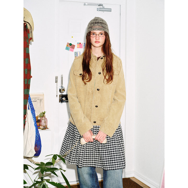 Women's short cord jacket with fringing, shirt collar and flap pockets Mune Fashion