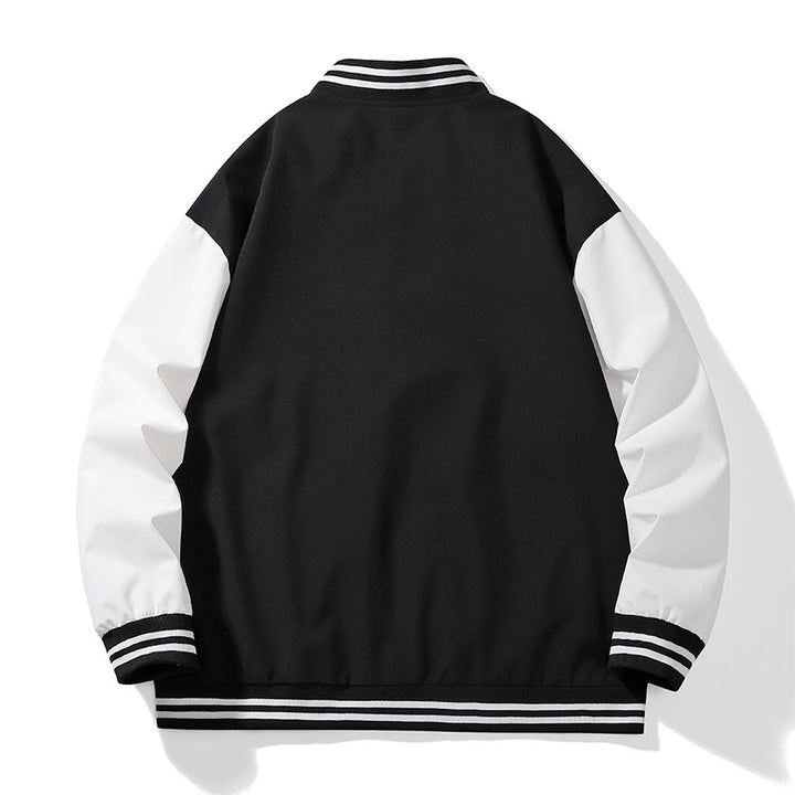 Unisex College varsity bomber jacket with contrast sleeves, striped ribbed cuffs and snap button closure Mune Fashion