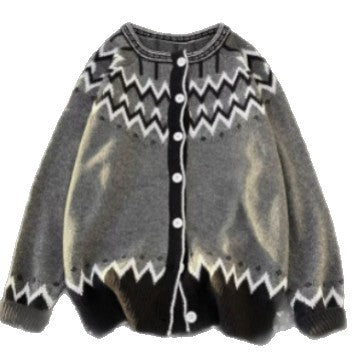 Women's Norwegian Cardigan in Oversize Cut with Round Neckline and Contrast Button Placket Mune Fashion