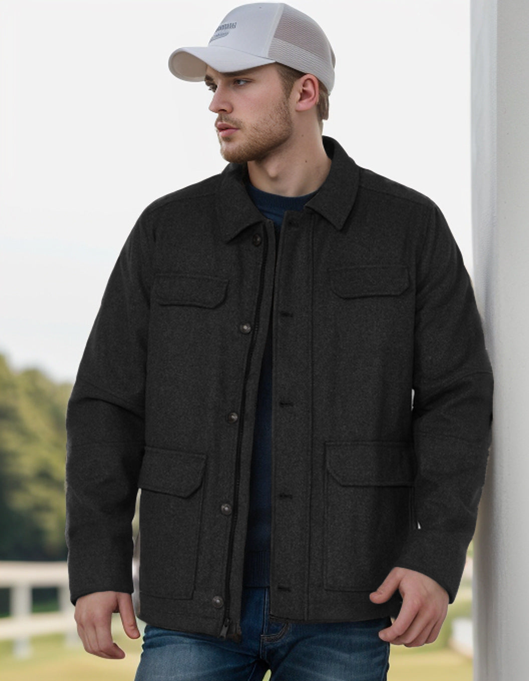Men's Wool Blend Field Jacket with Flap Pockets, Full Button Placket and Shirt Collar Mune Fashion