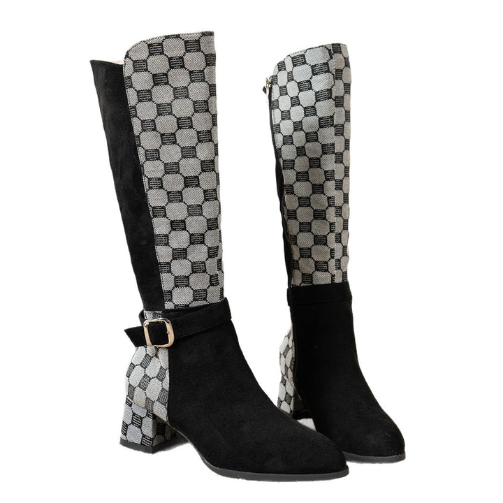 Ladies knee-high boots with houndstooth shaft, side zipper and comfortable block heel Mune Fashion