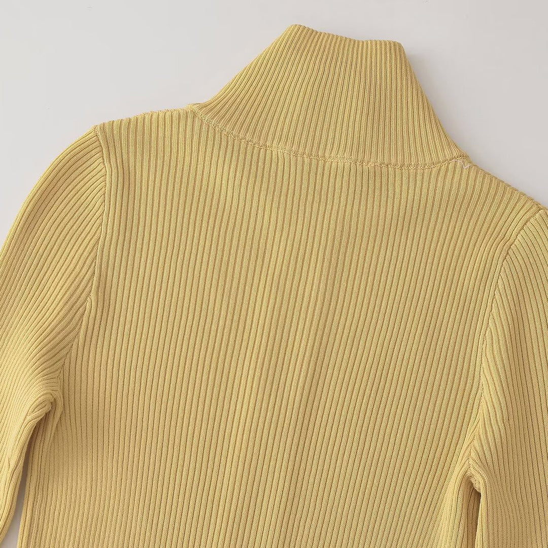 Women's Ribbed Fine Knit Cardigan with Full Zip and Stand-Up Collar Mune Fashion