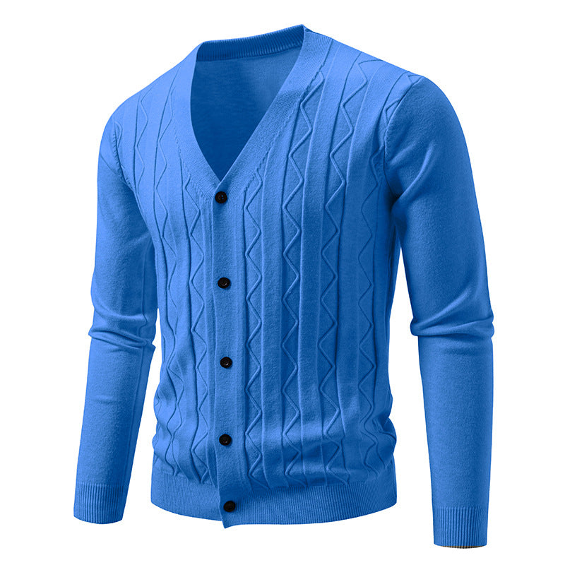 Men's V neck cardigan with subtle cable knit texture and continuous button placket Mune Fashion