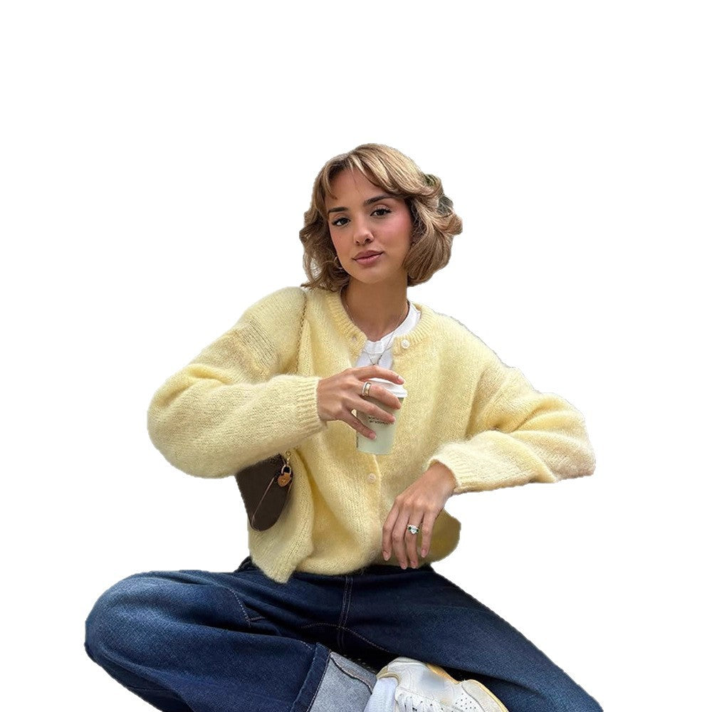 Women's Fluffy Short Jacket made of Mohair Mix with Round Neck and Boxy Silhouette Mune Fashion