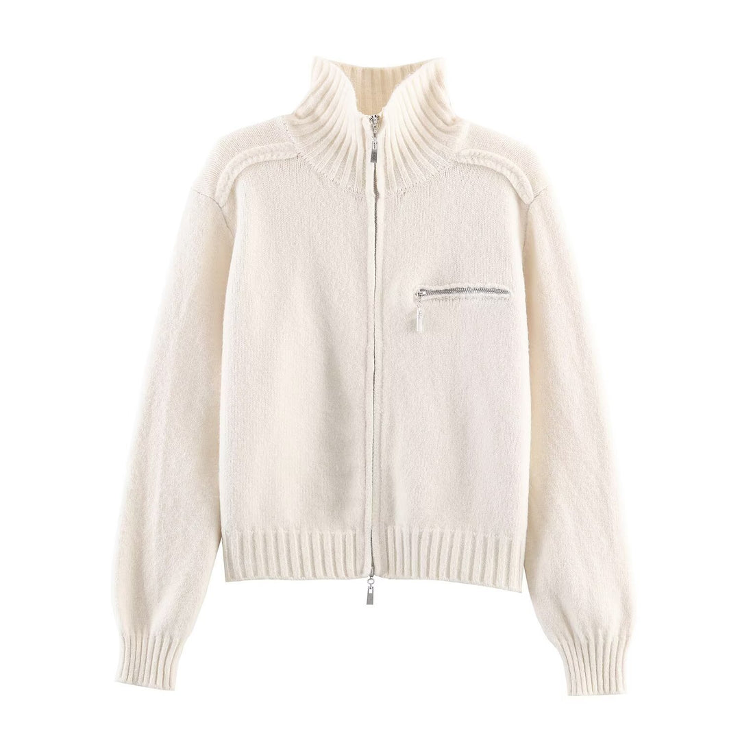 Women's Chunky Knit Zip-Up Cardigan with High Ribbed Collar and Chest Pocket Mune Fashion