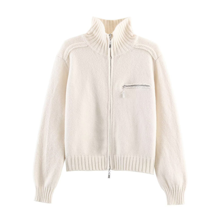 Women's Chunky Knit Zip-Up Cardigan with High Ribbed Collar and Chest Pocket Mune Fashion
