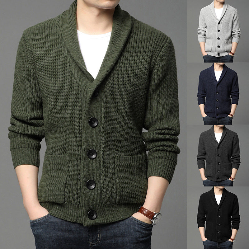 Men's chunky knit cardigan with shawl collar, patch pockets, and button placket Mune Fashion