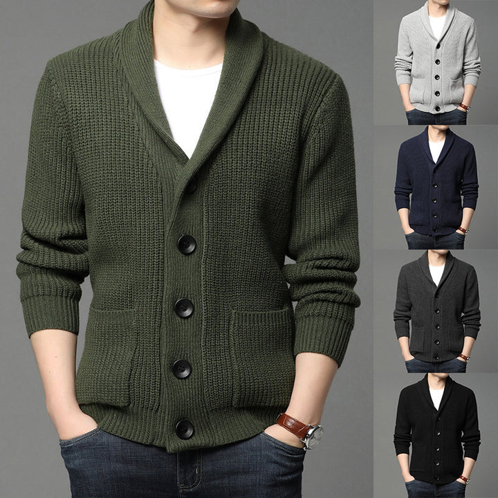 Men's chunky knit cardigan with shawl collar, patch pockets, and button placket Mune Fashion