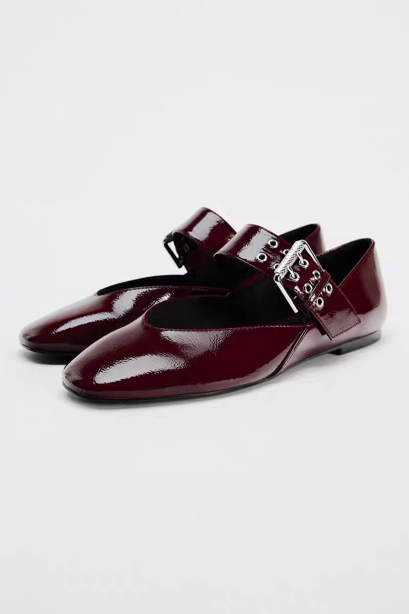 Ladies Flat Strap Ballerinas with Wide Decorative Buckle Strap and Leopard Pattern Mune Fashion