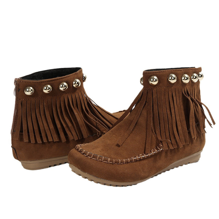 Women's Fringe Moccasin Ankle Boot with Decorative Rivets and Back Zipper Mune Fashion