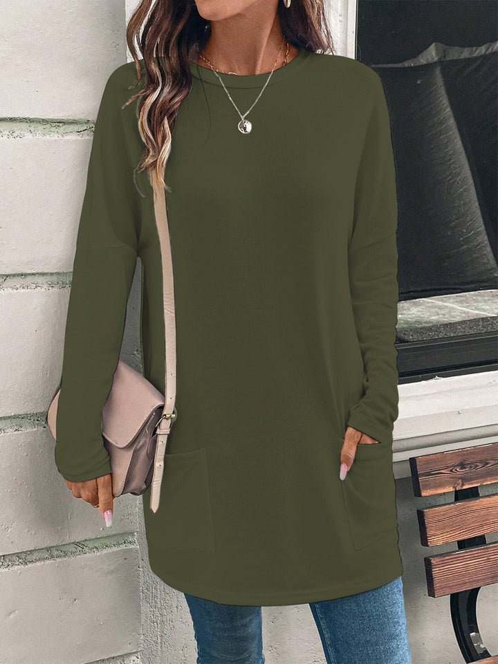 Women's loosely cut long tunic with round neckline, side pockets, and soft jersey Mune Fashion