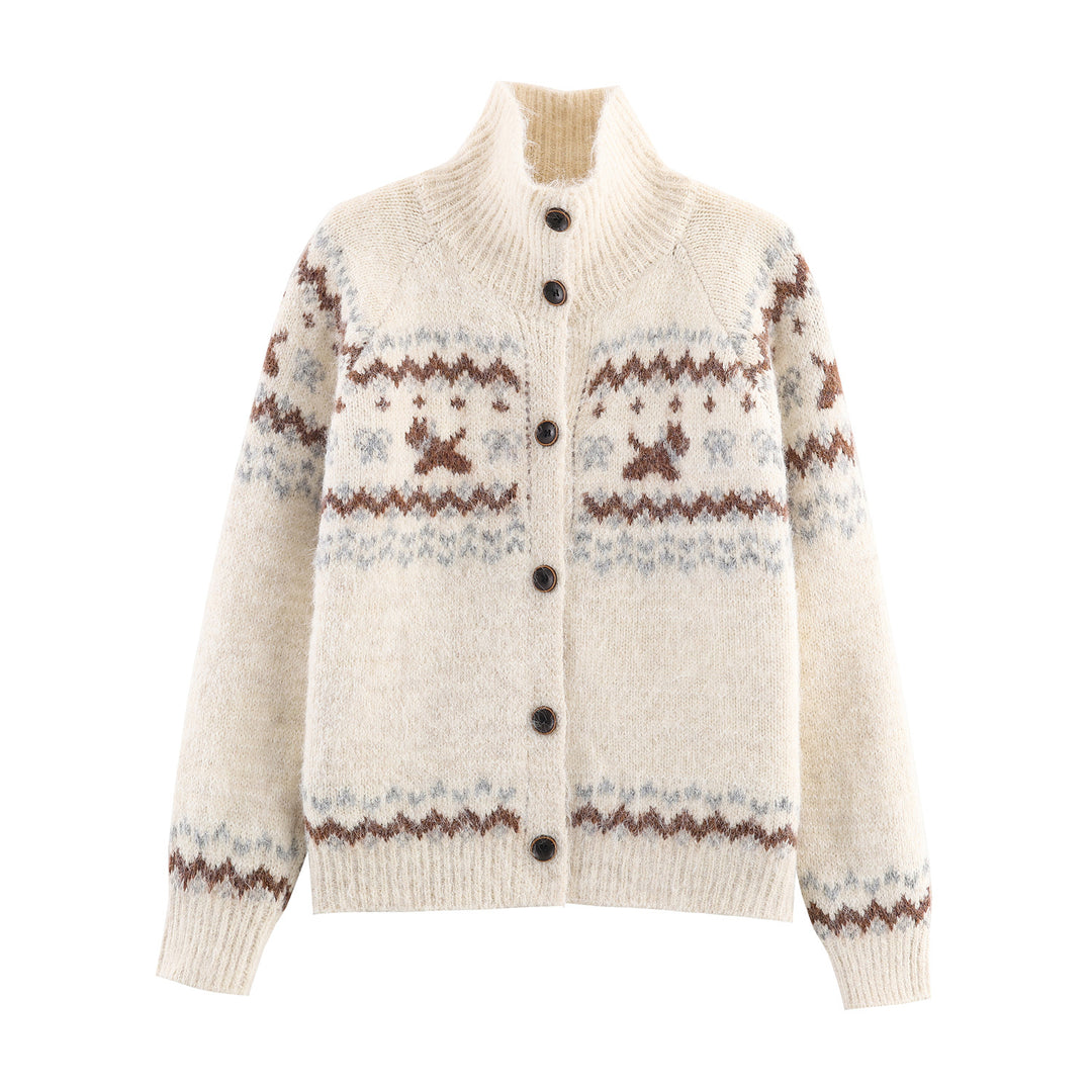 Women's knit cardigan with Norwegian pattern and high roll neck Mune Fashion