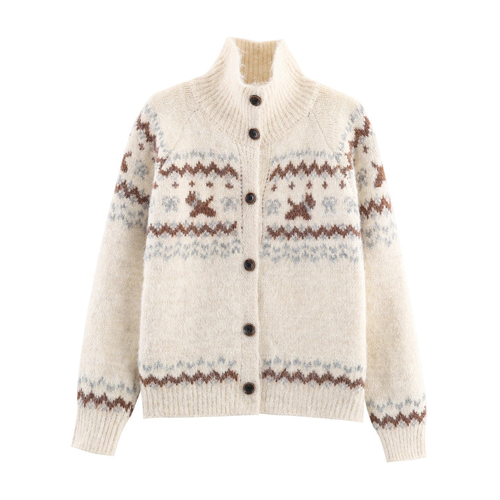 Women's knit cardigan with Norwegian pattern and high roll neck Mune Fashion