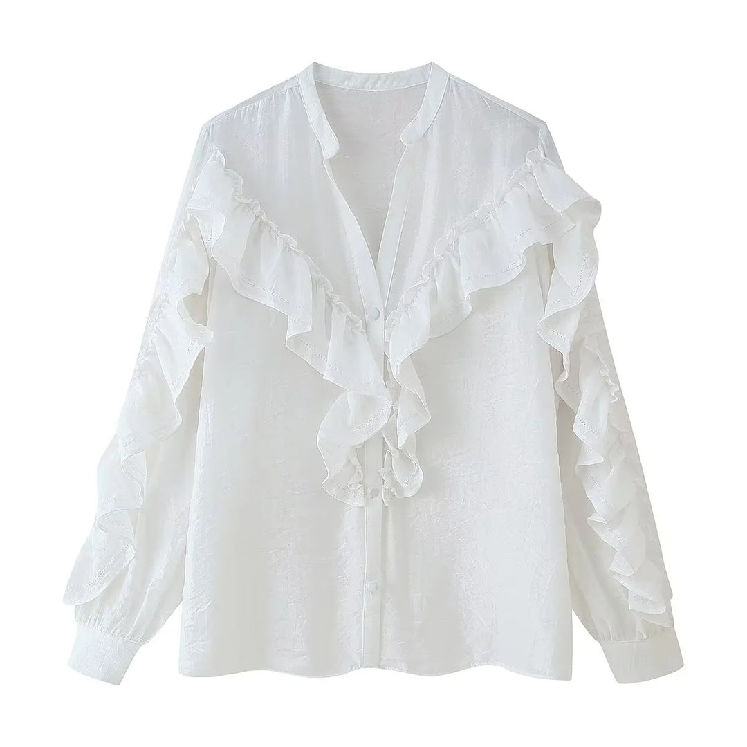Ladies' romantic ruffle blouse with stand-up collar, concealed button placket, and long sleeve ruffles Mune Fashion