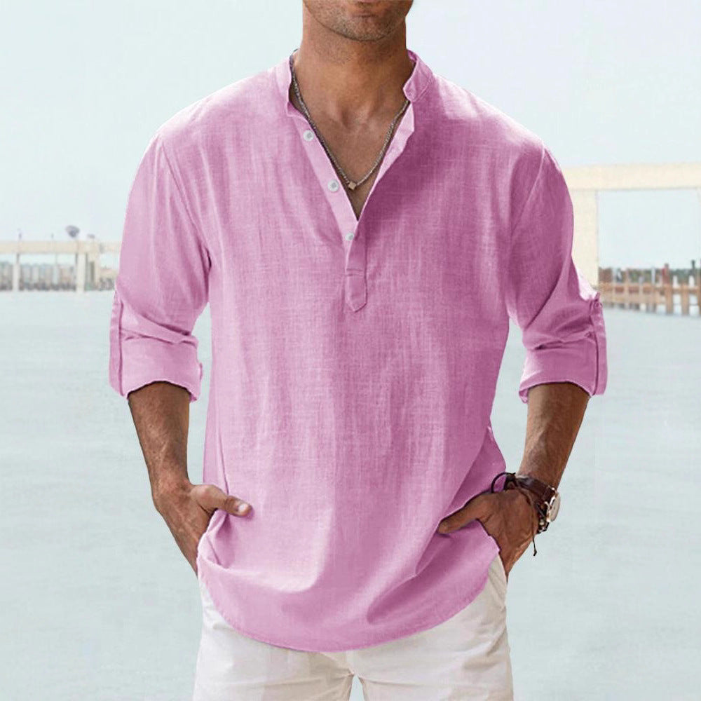 Men's nan casual linen henley shirt with stand-up collar, roll-up sleeves, and rounded hem Mune Fashion