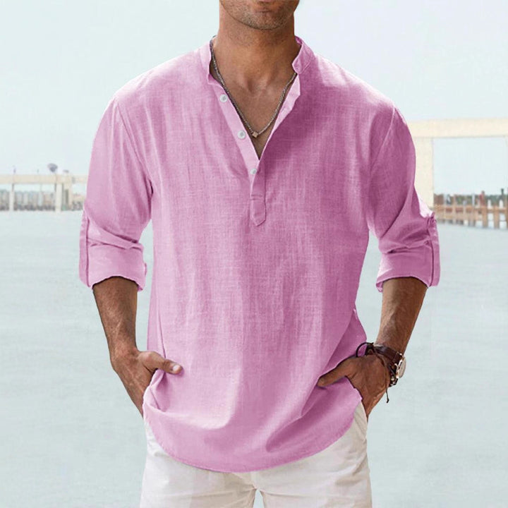Men's nan casual linen henley shirt with stand-up collar, roll-up sleeves, and rounded hem Mune Fashion
