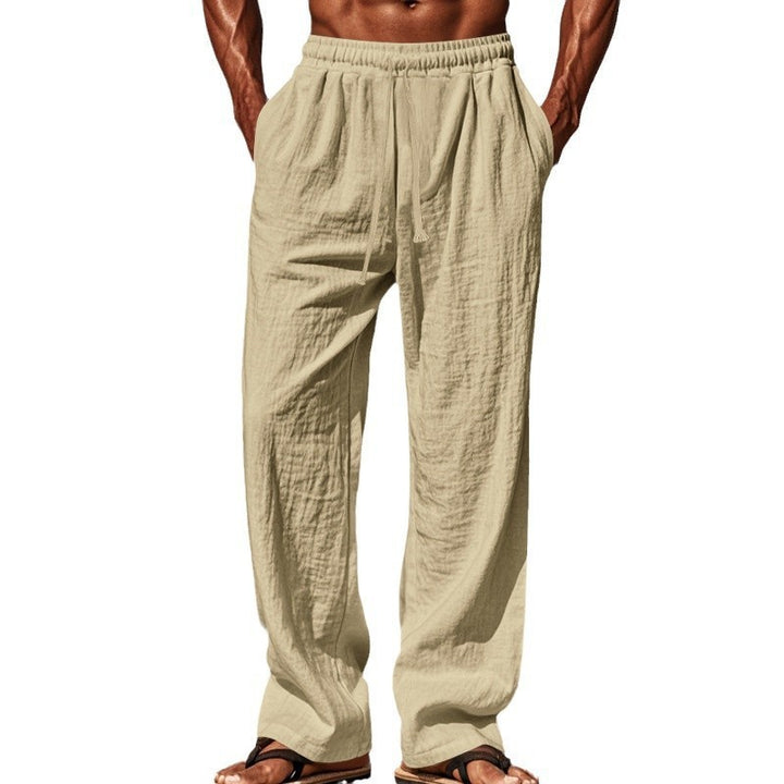 Men's loose linen lounge pants with elastic drawstring waistband, cord drawstring, and straight leg Mune Fashion