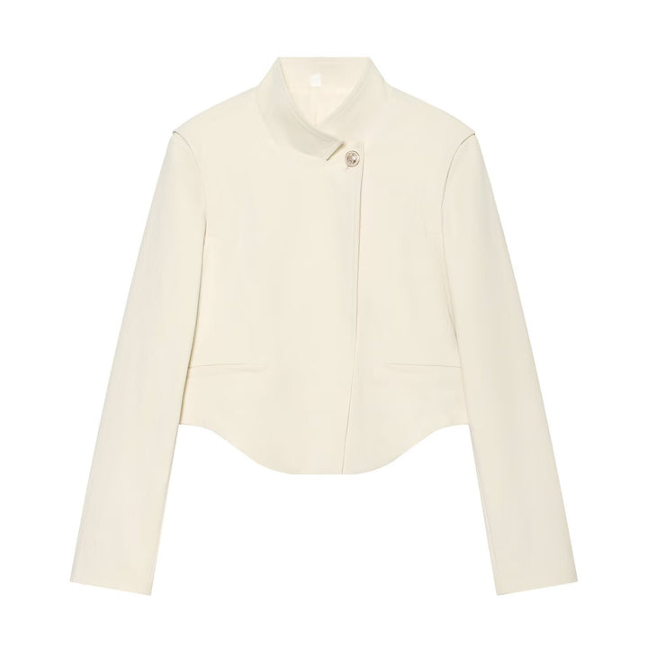 Ladies short blazer with stand-up collar, asymmetrical hem and seam pockets Mune Fashion