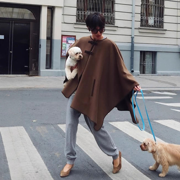 Women's Oversize Cape Coat made of wool blend with high stand-up collar and leather tabs Mune Fashion