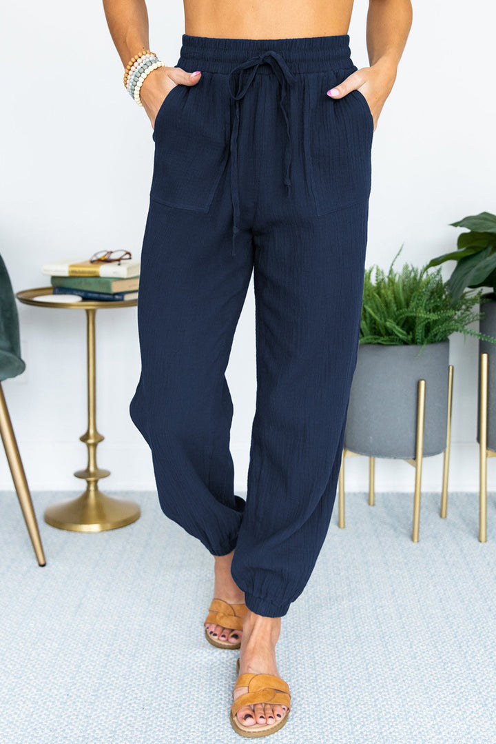 Women's Lightweight Linen Jogger Pants with Drawstring, Patch Pockets, and Elastic Cuffs Mune Fashion