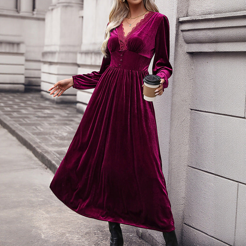 Ladies Elegant Velvet Midi Dress with Lace V-Neck, Tailored Corset Look and Asymmetrical Hem