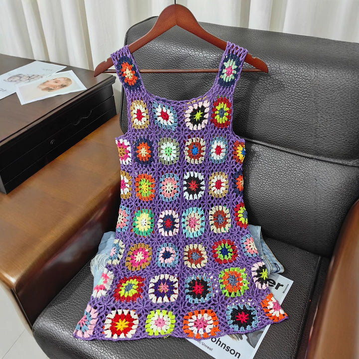 Women airy crochet dress with colorful granny square pattern Mune Fashion