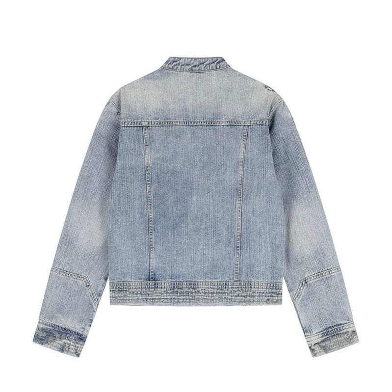 Women's asymmetrical biker-style denim jacket with stand-up collar and diagonal zipper Mune Fashion