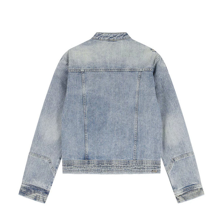 Women's asymmetrical biker-style denim jacket with stand-up collar and diagonal zipper Mune Fashion