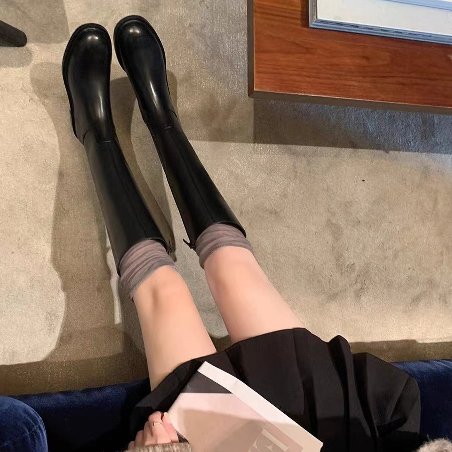 Women Knee-High Smooth Leather Boots with Sleek Silhouette and Flat Profile Sole Mune Fashion