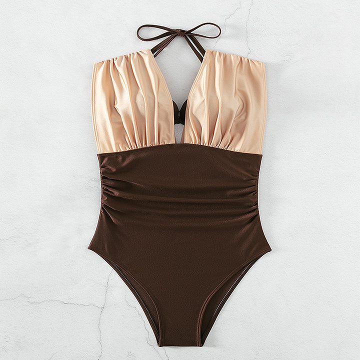 Women One-Piece Swimsuit with Deep V-Neck and Crossed Back Mune Fashion