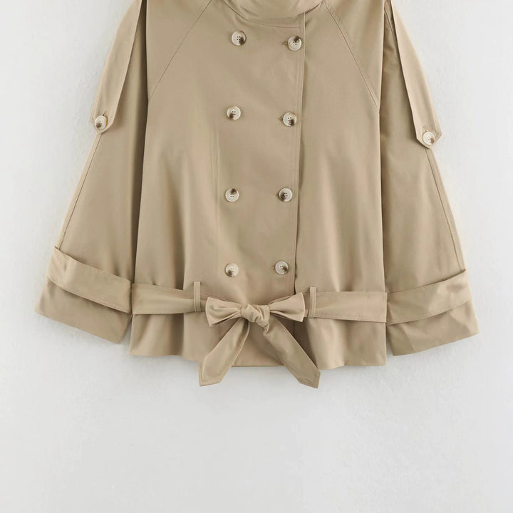 Women's short double-breasted cape trench coat with stand-up collar and belt Mune Fashion