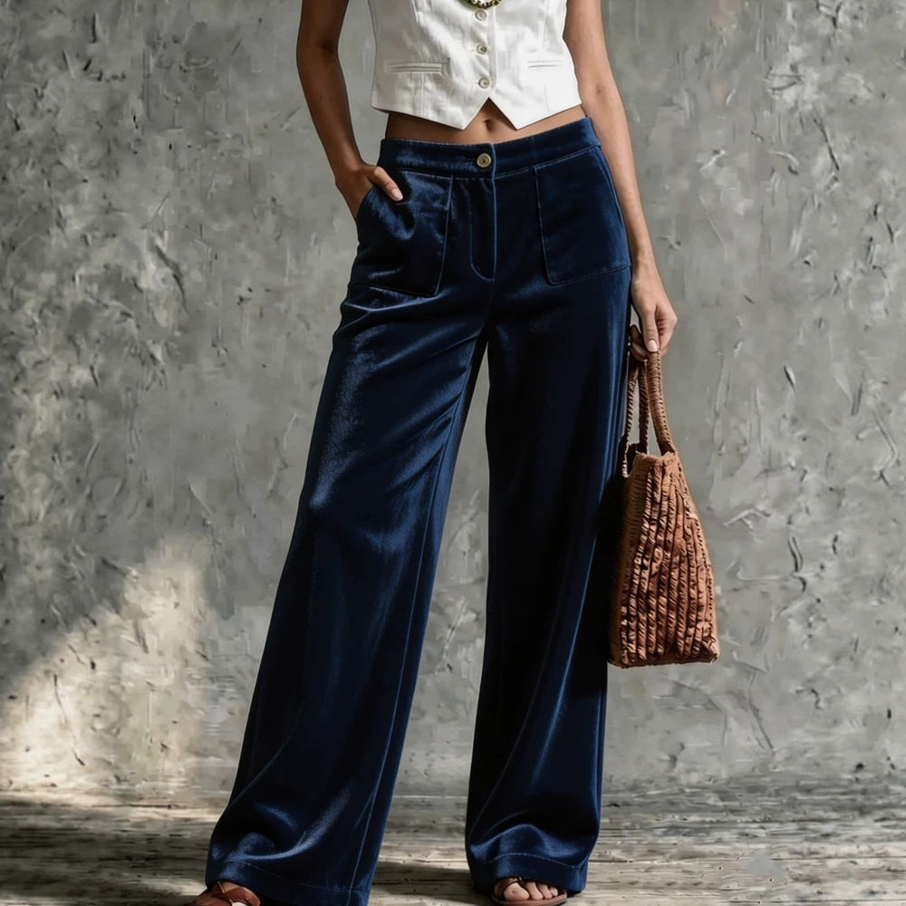 Women Wide Velvet Palazzo Pants with High Waist and Patch Pockets Mune Fashion
