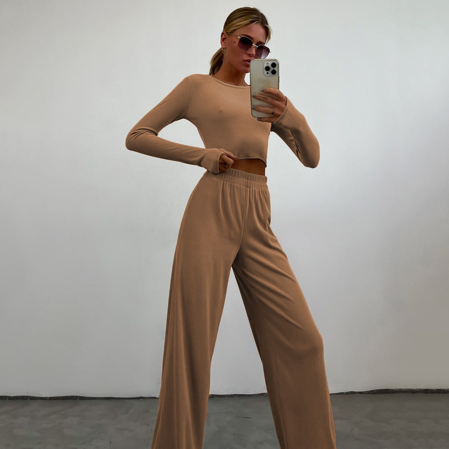 Women’s fitted ribbed cropped long sleeve with elastic high waist lounge pants set Mune Fashion