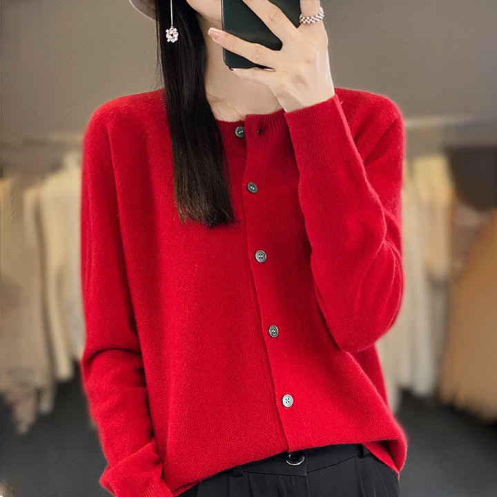 Women's Short-Cut Cardigan in Mohair-Look with Round Neckline and Pearl Buttons Mune Fashion