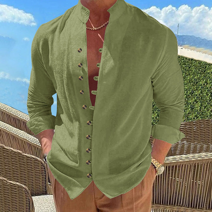Men's long-sleeved stand-collar shirt made from a lightweight linen-viscose blend with asymmetric decorative button placket Mune Fashion