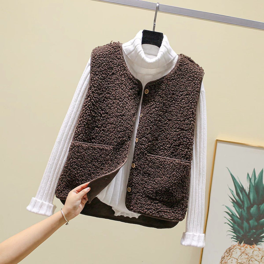 Ladies Teddy Fleece Vest with Button Placket and Patch Pockets Mune Fashion