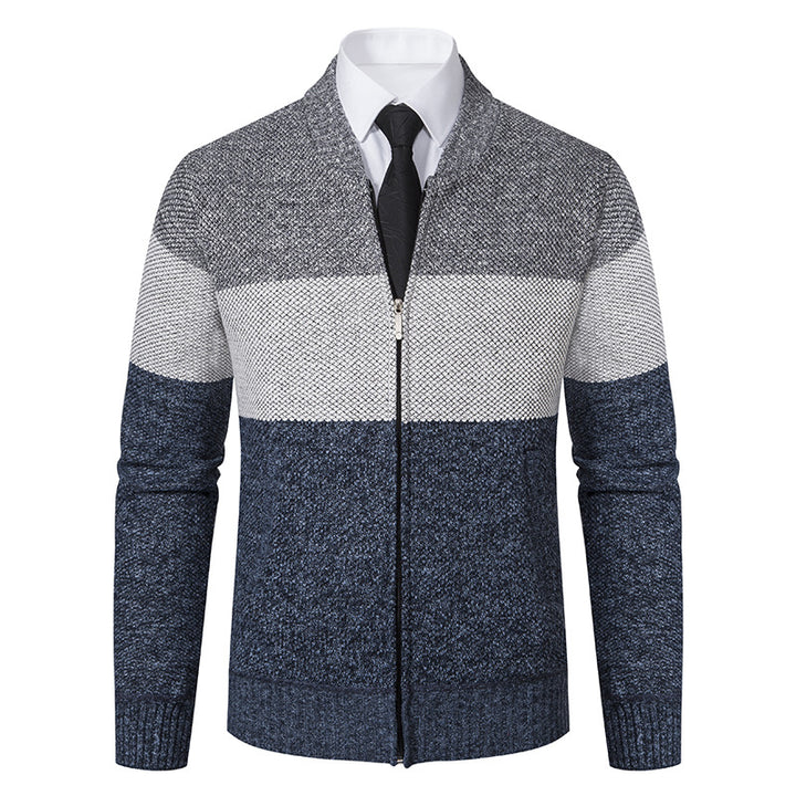 Men's Structured Block Stripe Cardigan with Front Zip, Stand Collar and Patch Pockets Mune Fashion