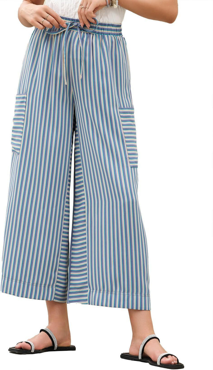 Women's Striped Wide-Leg Drawstring Waist Cropped Lounge Pants with Side Patch Pockets Mune Fashion
