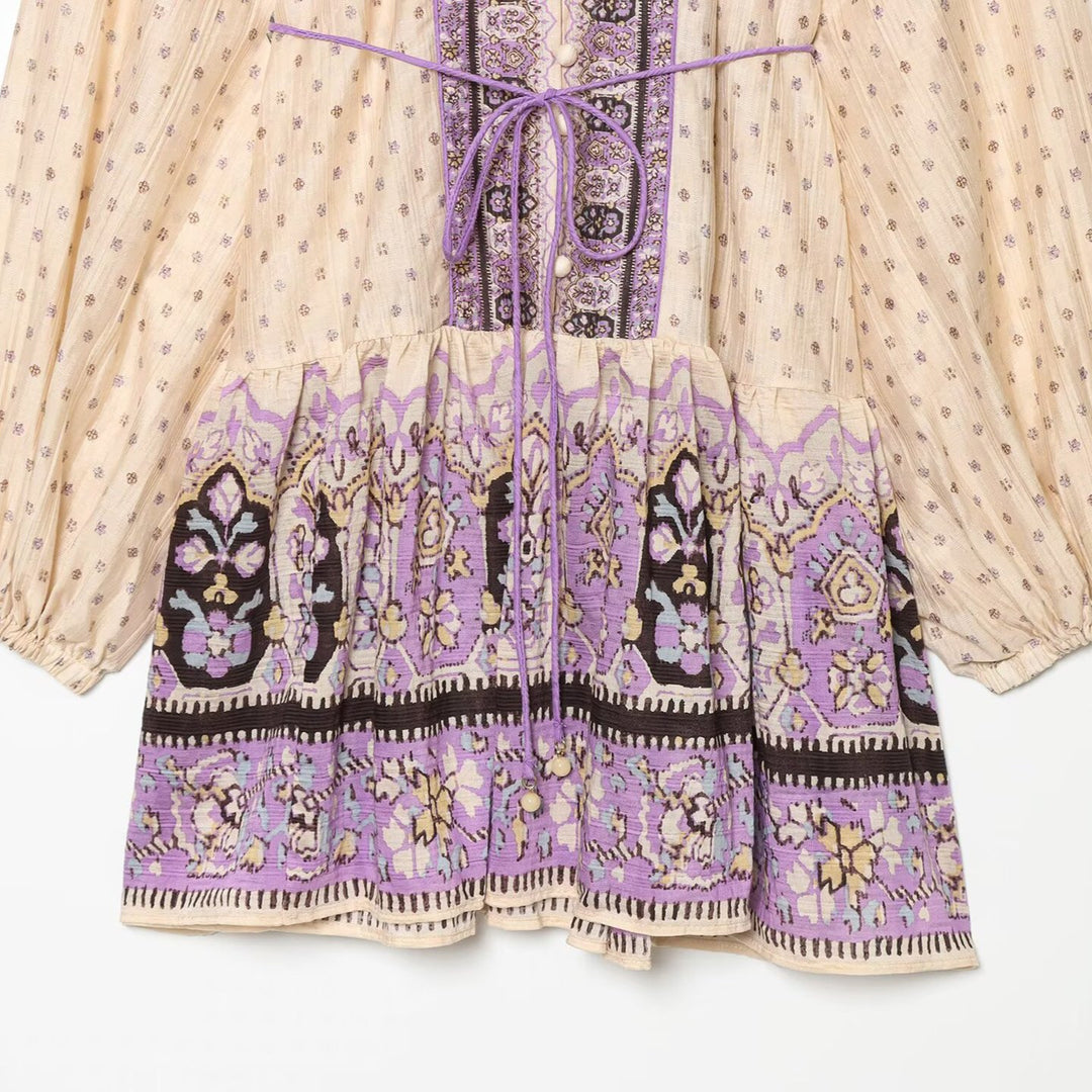 Women’s Boho midi dress with embroidered button placket, balloon sleeves and waist belt Mune Fashion