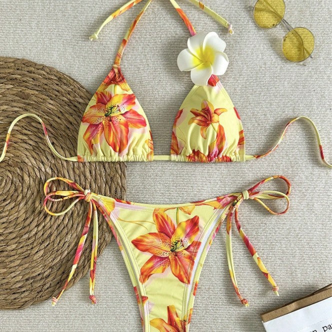 Women's triangle bikini with floral accents and adjustable ties Mune Fashion